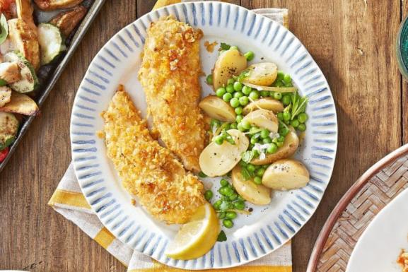 Cornflake Chicken Tenders with Potatoes and Peas