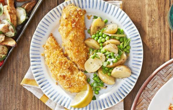 Cornflake Chicken Tenders with Potatoes and Peas