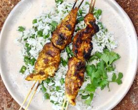 Gujarati-style runner beans with spiced chicken skewers
