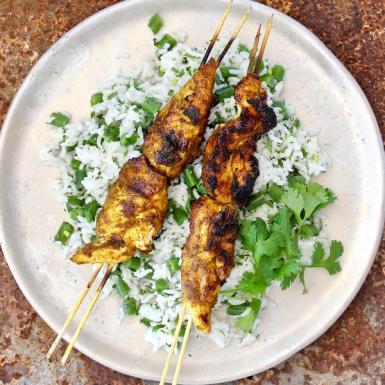 Gujarati-style runner beans with spiced chicken skewers