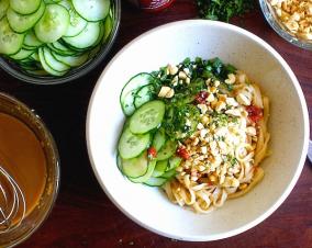 Healthy and low fat Cold Sesame Noodles with Chicken and Cucumbers