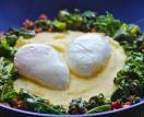 Poached Eggs with Polenta, Braised Kale and Pancetta
