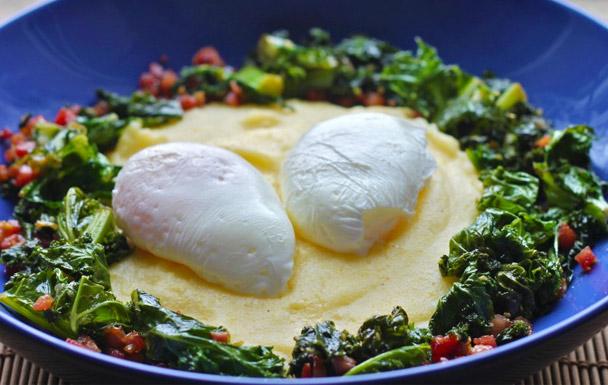 Poached Eggs with Polenta, Braised Kale and Pancetta