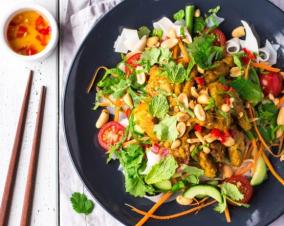 Poached coconut chicken salad with roasted noodles