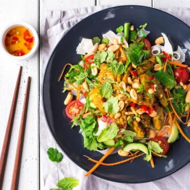 Poached coconut chicken salad with roasted noodles