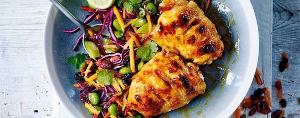 Sticky roast chicken thighs with carrot, sweetcorn and herb salad