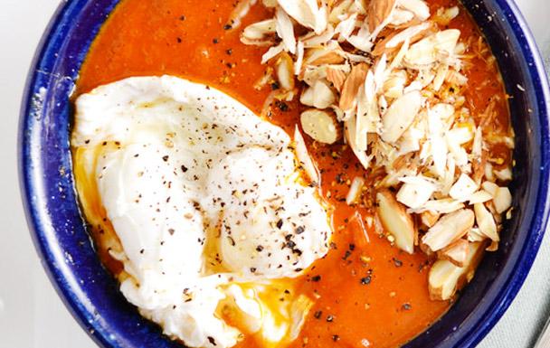 Tomato Soup with Poached Egg and Almonds
