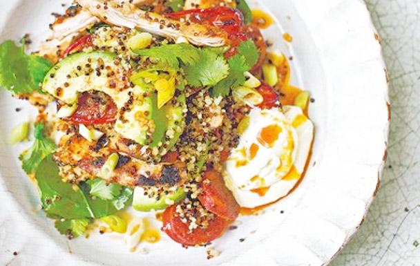 Warm salad of chipotle-griddled chicken, chorizo and quinoa with lime crème fraîche