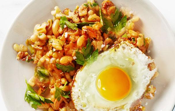Bean and Walnut Salad with Fried Eggs