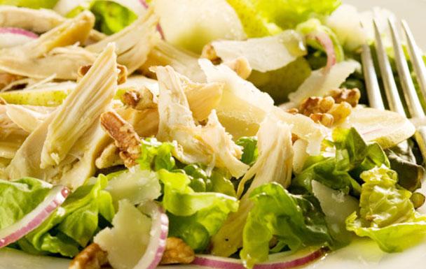 Poached chicken salad with maple-baked pears